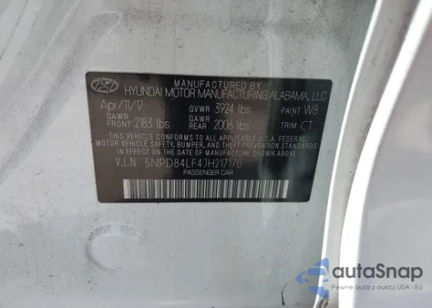 2018 Hyundai Elantra Sel z USA, uszkodzony, nr VIN 5NPD84LF4JH217170